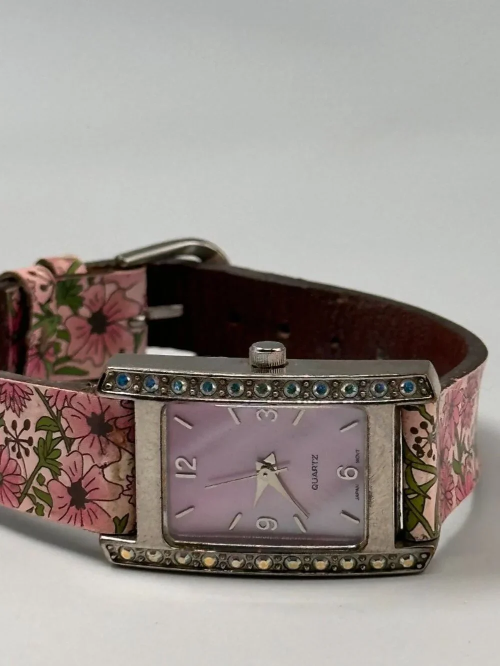 3/$30 Women Watch Silver Pink Mother of Pearl Dial Floral Leather Band Works